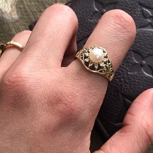 SALE Floral Filigree Pearl Diamond 14k Gold Ring